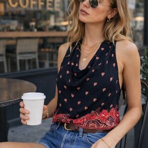 Free People Draped Open Back Halter Top Boho Bandana Print Festival Tank Sz L